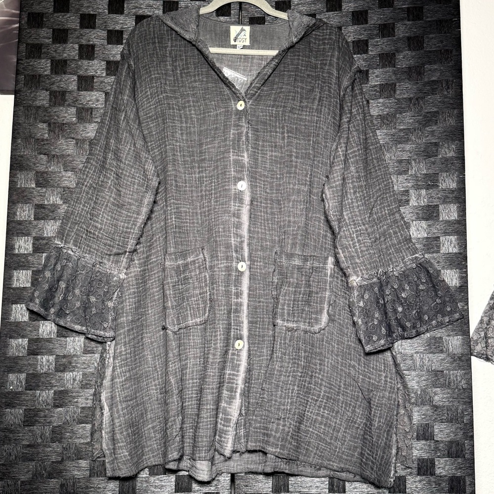 JADED GYPSY Elysia Weekend Hooded gauze and lace distressed wash tunic duster - Picture 6 of 8